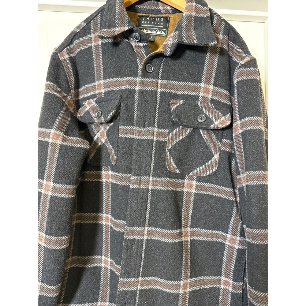 Jachs New York Men Plaid Lined Shirt Jacket L Charcoal Brown Wool Blend Outdoor‎